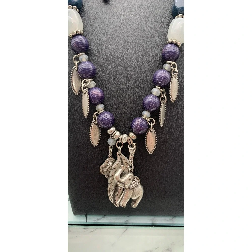 Chico's Silver Tone & Blue Beaded Elephant‎ Leaf Boho Charms Safari Necklace
